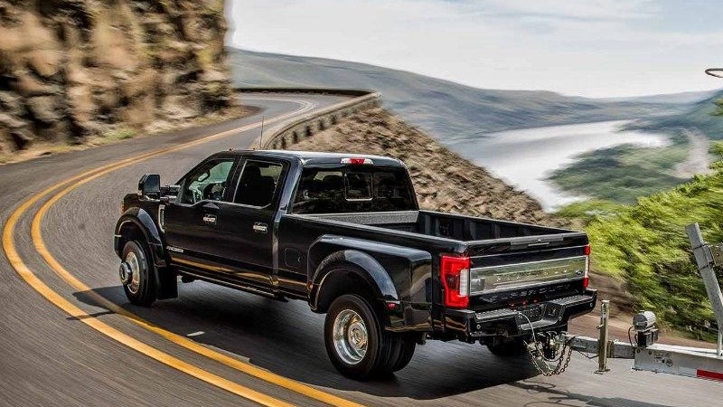 Rear angle of Ford Super Duty F-450 driving