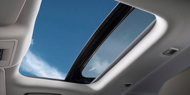 View from inside a car looking up through a panoramic sunroof at a blue sky with clouds.