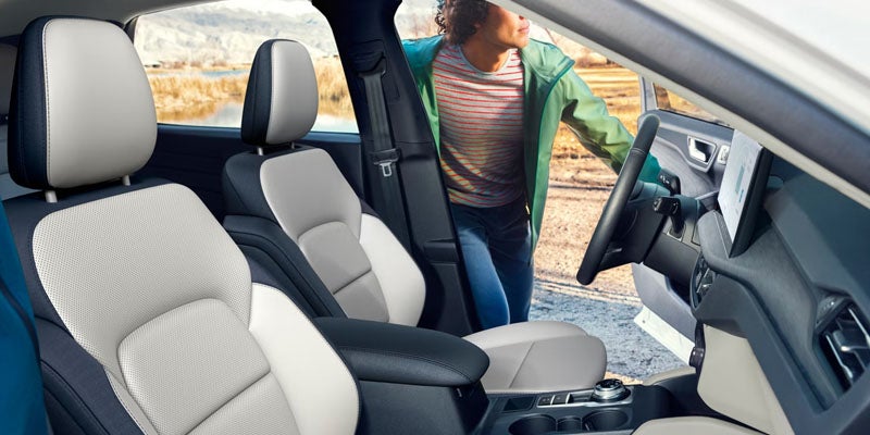 Car interior with two-tone light and dark seats; a person stands outside the open driver's door, scenic background.