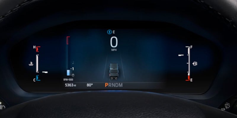 Digital car dashboard showing 0 MPH, low RPM, 5363 miles, 80 degrees, PRNDM, and fuel/temperature gauges.