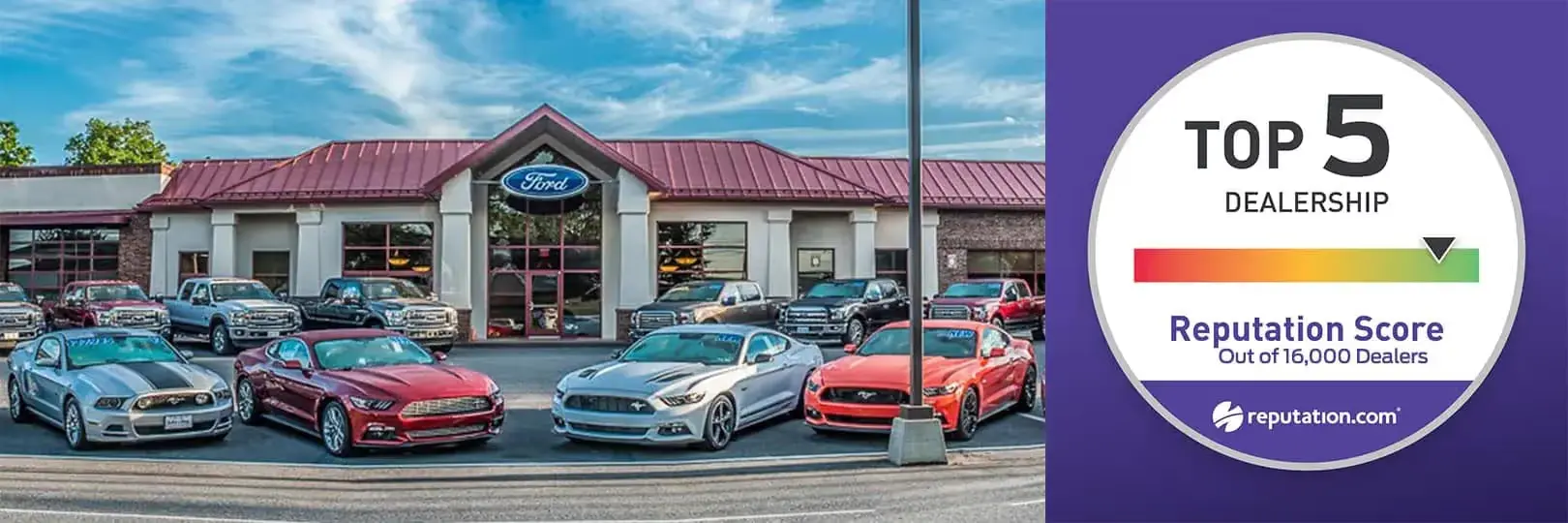 Ford dealership with new Mustangs and trucks, next to a graphic showing Top 5 Dealership and a high Reputation Score.
